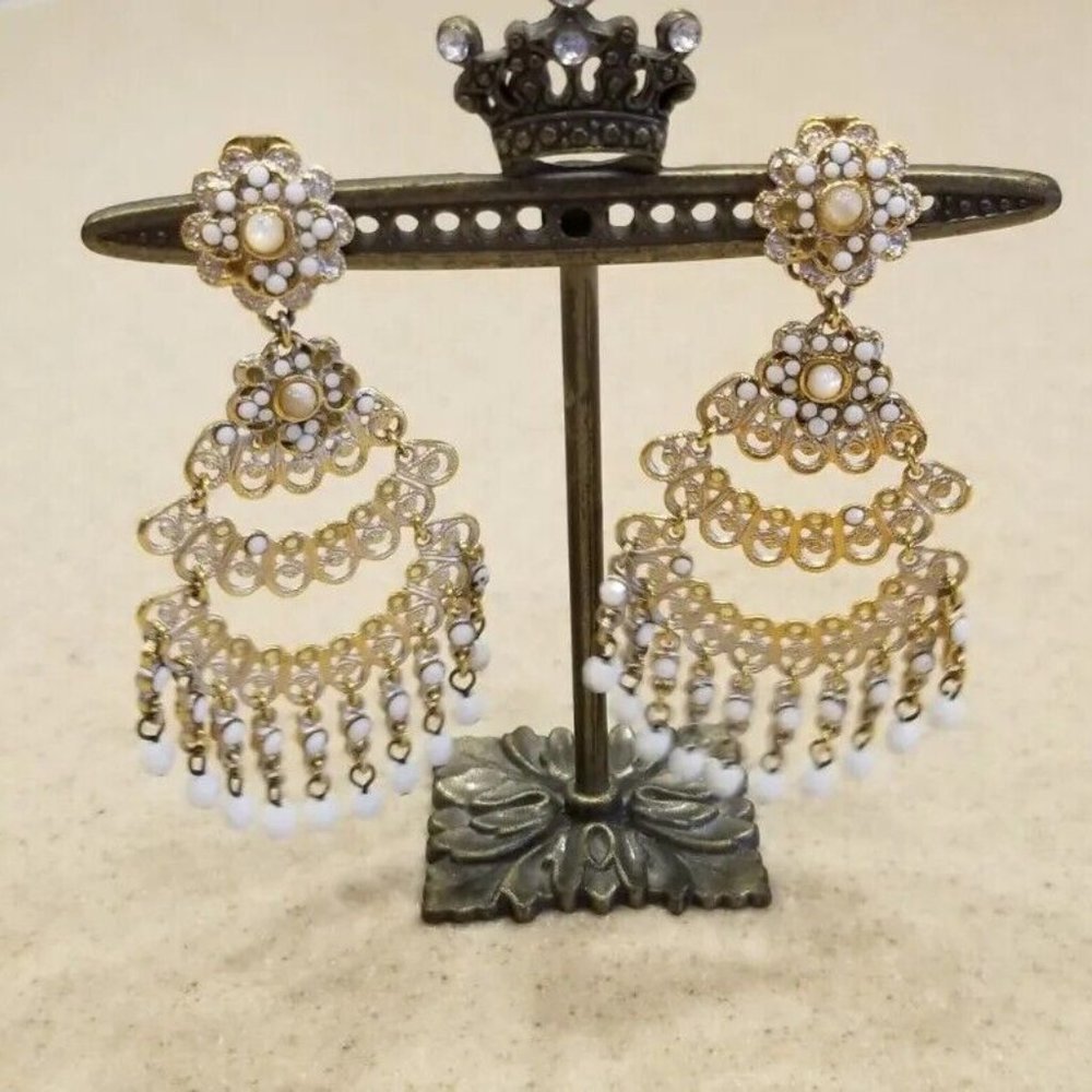 RARE VINTAGE JOSE & MARIA BARRERA WHITE STONE GOLD DROP CHANDELIER EARRINGS